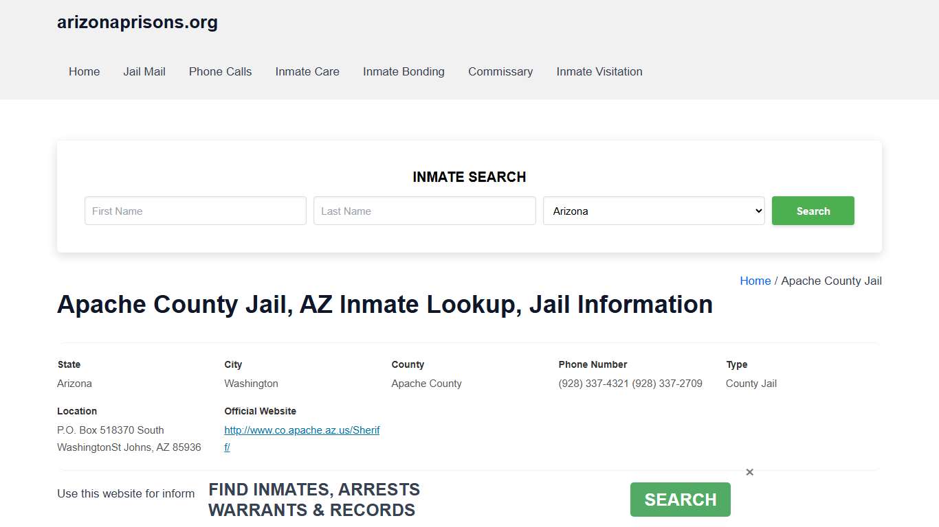 Apache County Jail, AZ - Offender Locator, Contacts, Inmate Info